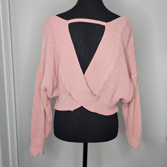 Women's Pink Cropped Distressed Knit Sweater, Size S - Picture 4 of 16